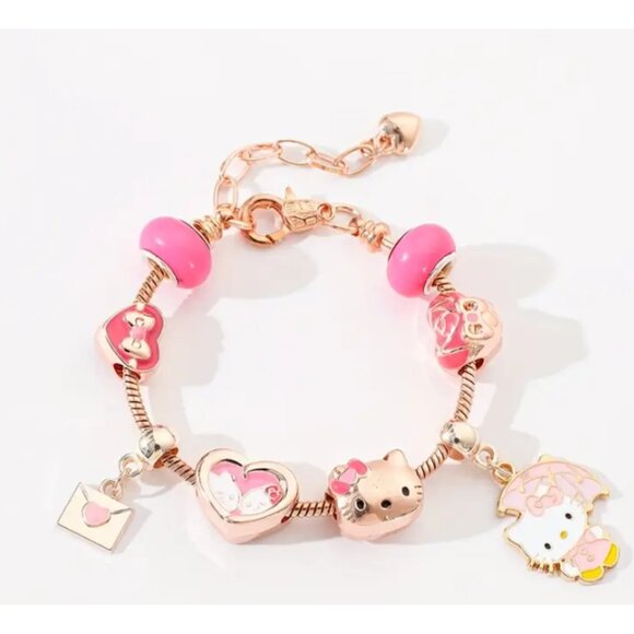 Hello Kitty Charm Bracelet – Pink Beaded Adjustable Bracelet with Cute Charms - Picture 1 of 4
